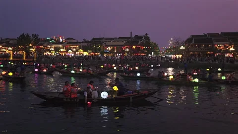 Crowded Thu Bon River and Old Town streets nightlife, Hoi An, Vietnam Video stock 291682015