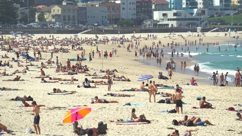 Crowded tropical beach view - Bondi beach, Sydney, Australia Stock Footage 76456789