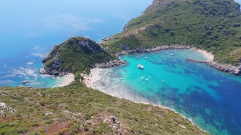 Crowded Turquoise Bay with Sandy Beach and Boats Stock Footage 315090274
