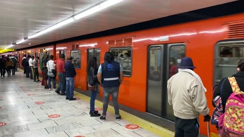 Crowded underground train amid the Coronavirus, COVID-19, in Mexico City, 4K Stock Footage 147611747