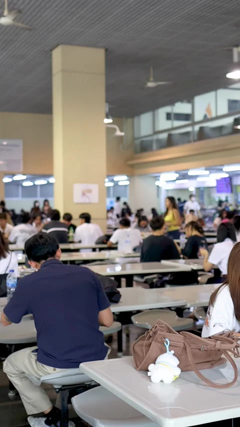 Crowded University Cafeteria with Students Having Lunch in Bangkok Stock Footage 339125903