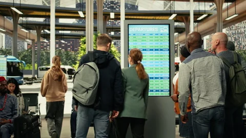 Crowded waiting area in bus station with passengers ready for intercity travel Stock Footage 334720846