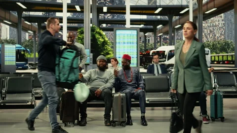 Crowded waiting area in modern bus terminal filled with diverse passengers Stock Footage 334725436