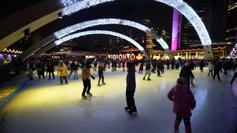Crowded winter ice skating night at Nathan Phillips Square Stock Footage 330859490
