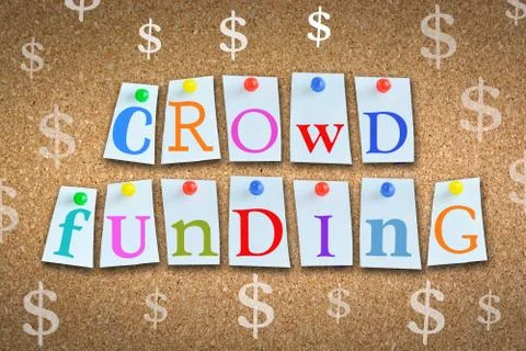Crowdfunding concept with adhesive notes and pins on cork billboard Stock-Fotos