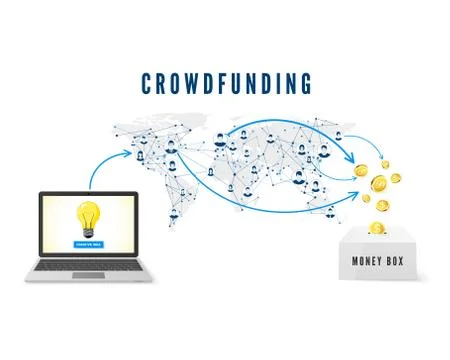 Crowdfunding concept. Start up idea launch. People from global network donati Stock Illustration