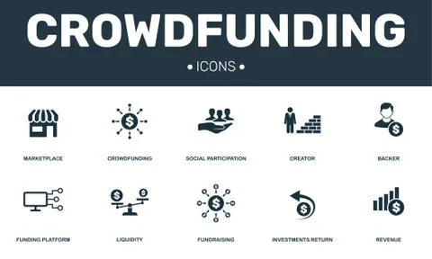 Crowdfunding set icons collection. Includes simple elements such as Marketplace Illustrazione stock