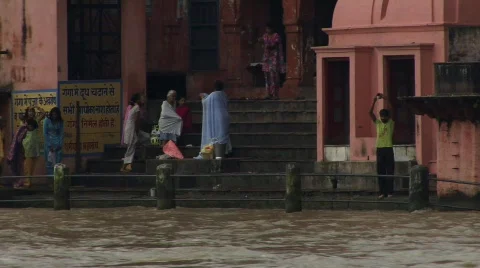 Crowds bathe in river Ganges (w/sound) Stock Footage 233392