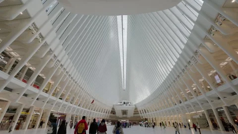 Crowds Beneath Ribbed Oculus Interior at World Trade Center Video stock 342593380