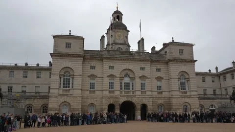 Crowds gather at Horse Guards Parade central London on a cold winter morning Stock Footage 337513039