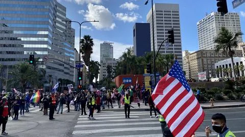 Crowds gather at Pershing Square, Los Angeles, after Biden-Harris election win Stock Photos