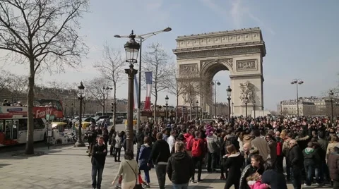 Crowds near Arc de Triomphe de l'Etoile. Paris, France Stock Footage 61237260
