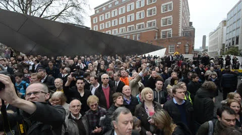 Crowds outside St Paul's Cathedral at Margaret Thatcher's funeral Stock Footage