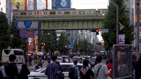 Crowds of People and Local Train in Akihabara Electronic Town and Anime District Stock Footage 269152318