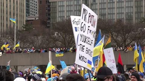 Crowds of people in anti war support demonstration for Ukraine Stock Footage 171138077