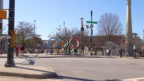 Crowds of people at Centennial Olympic Park gather close together during the  Stock Footage 147611723