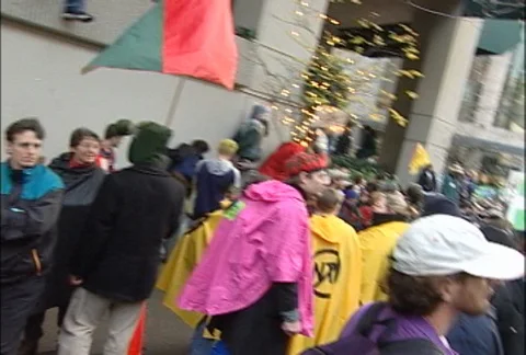Crowds of Protesters with Ponchos and Flags at WTO Protests Video stock 106824025