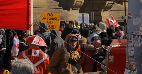 Crowds of protesters walking around with signs and flags Parliament Hill Ottawa Stock-Footage 170344609