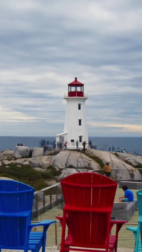 Crowds Rush By Peggys Cove Lighthouse In Nova Scotia In A Fast Motion Time-Lapse Stock Footage 316701649