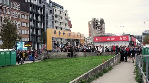 Crowds on Start–Exit Footbridge Before Marathon Stock Footage 319833447