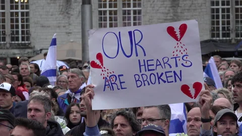 Crowds support Israel after Hamas terror attacks, our hearts are broken sign Stock-Footage 252912228