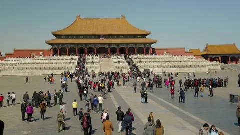 Crowds of Tourists Approaching Main Palace Building in Forbidden City, Beijing Stock Footage 345817893