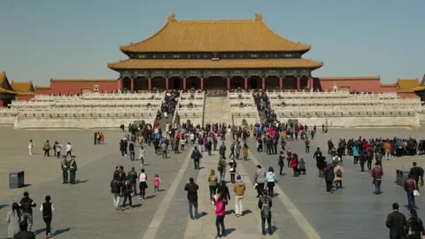 Crowds of Tourists Approaching Main Palace Building in Forbidden City, Beijing Stock Footage 345818028