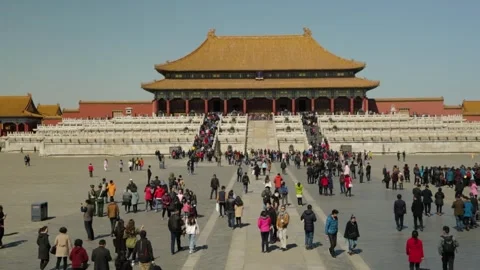 Crowds of Tourists Approaching Main Palace in Forbidden City, Beijing, China Stock Footage 345818458