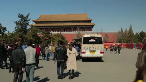Crowds of Tourists Approaching Palace Gate with Bus at Forbidden City, Beijing Stock Footage 345815997