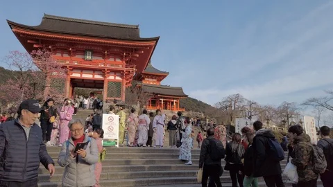 Crowds of tourists at Kyoto City's famous Kiyomizudera Temple. Stock Footage