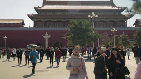 Crowds of Tourists Walking in Front of Forbidden City Palace in Beijing, China Stock Footage 345816210
