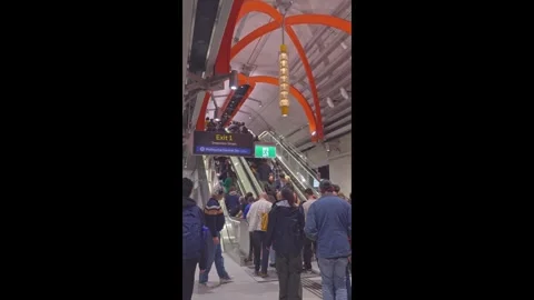 Crowds Wait at Escalators in State Library Station Stock Footage 322222465