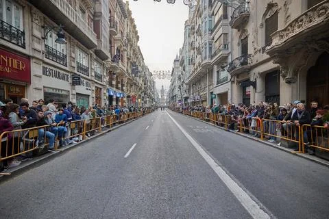 Crowds waiting behind barriers during Falles celebration in Valencia Spain Stock Photos