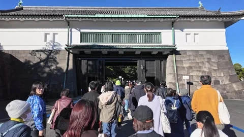 Crowds walk towards the stone gate of Nijubashi Bridge. 스톡 동영상 346012679