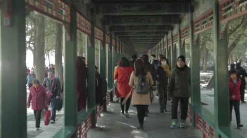 Crowds Walking Through Covered Corridor at Summer Palace Beijing China Stock Footage 341781390
