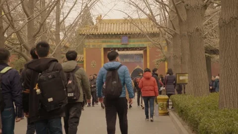Crowds Walking Toward Traditional Gate at Lama Temple in Beijing, China Stock Footage 345683780