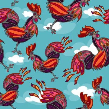 Crowing rooster seamless Stock Illustration