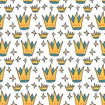 Crown crayon seamless pattern. Queen symbol marker endless background. Royal 스톡 일러스트