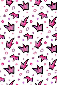 Crown cute vector seamless pattern. Hand drawn black ink brush stroke, pink Stock Illustration