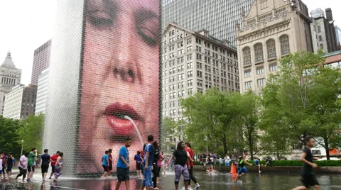 Crown Fountain in Millennium Park in Chicago Loop Stock Footage