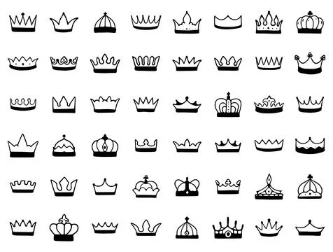 Crown hand drawn icon set isolated on white back. Royal or queen sign, premiu Stock Illustration