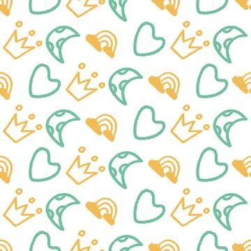 Crown Heart Moon Rainbow Doodle Pattern. Vector seamless dithering pixel st.. Stock Illustration