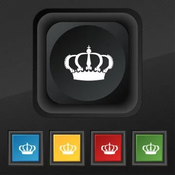 Crown icon symbol. Set of five colorful, stylish buttons on black texture for Stock Illustration