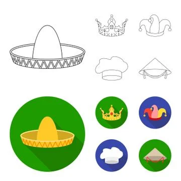 Crown, jester cap, cook, cone. Hats set collection icons in outline,flat style Stock Illustration