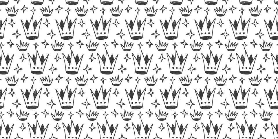 Crown monochrome crayon seamless pattern. Queen symbol marker endless background Stock Illustration