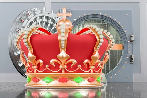 Crown with opened bank vault, 3D rendering Ilustración de archivo