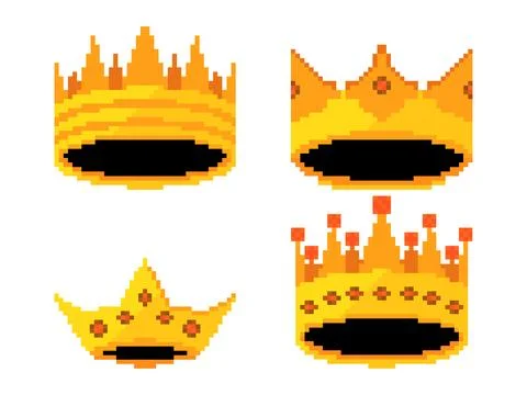 Crown pixel art icon set. Royal crowns and diadem in 8-bit retro graphic st.. Stock Illustration