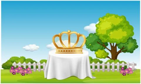 Crown is placed on a table in the garden Stock Illustration