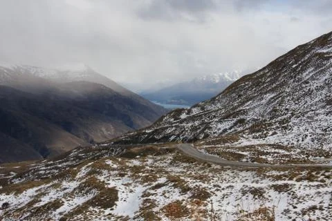 Crown Range Rd. looking back at Arrowtown New Zealand Stock Photos