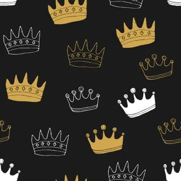 Crown Seamless Pattern, hand drawn royal doodles background, Vector Illustrat Stock Illustration